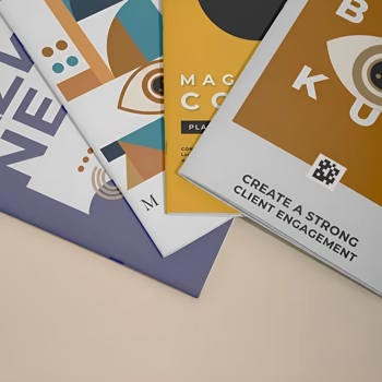 Different saddle stitch booklets on the table, printed at a low cost