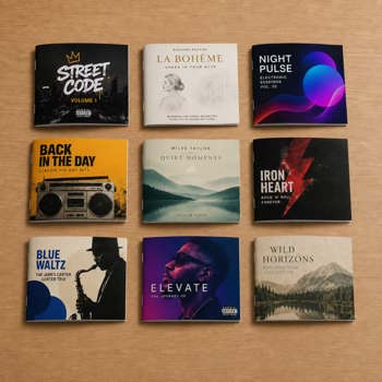 Nine different CD booklets (different genres) on the table